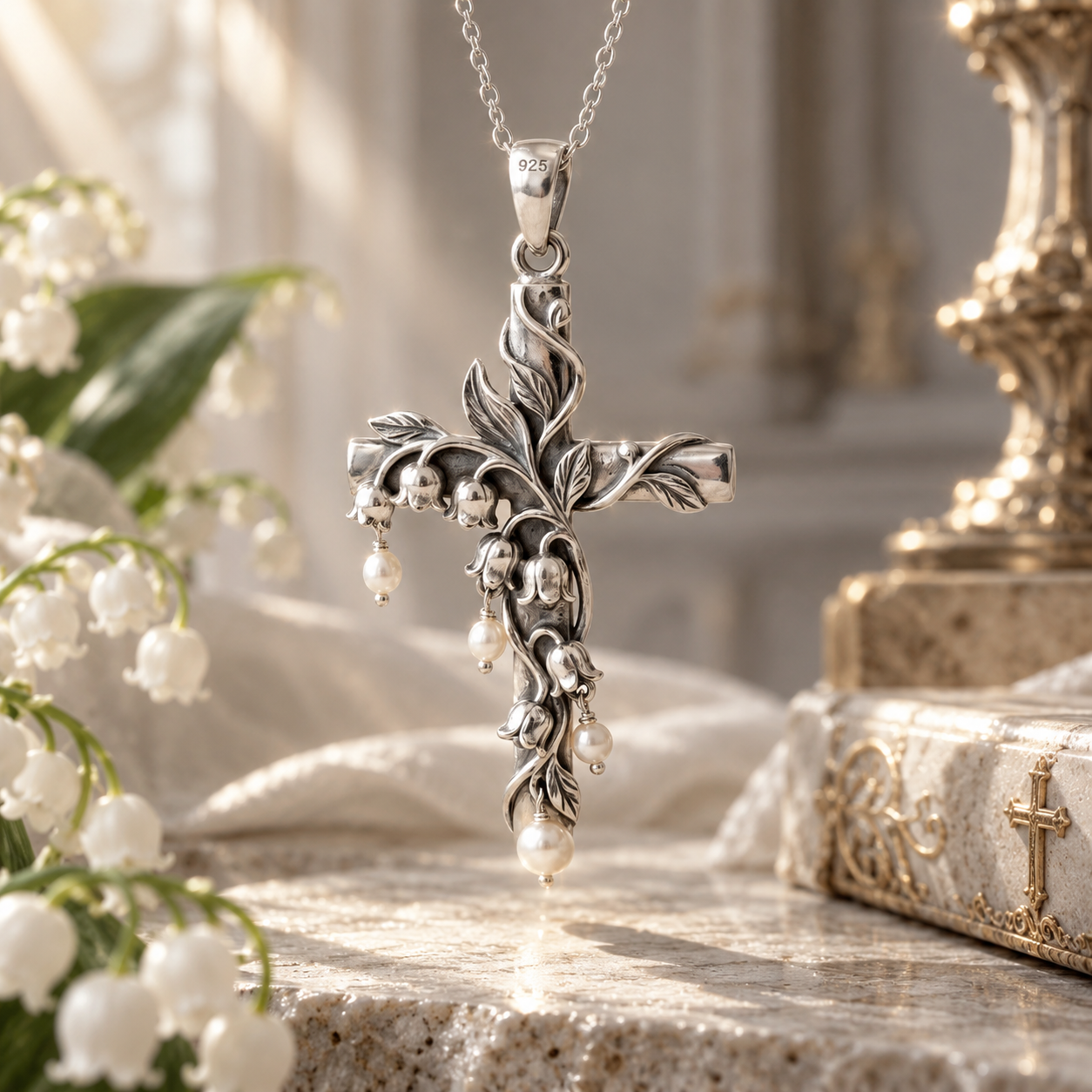 Lily of the Valley Vine Cross Pendant – Sculptural 925 Sterling Silver with Botanical Vines, Bell Blossoms &amp; Pearl Drops