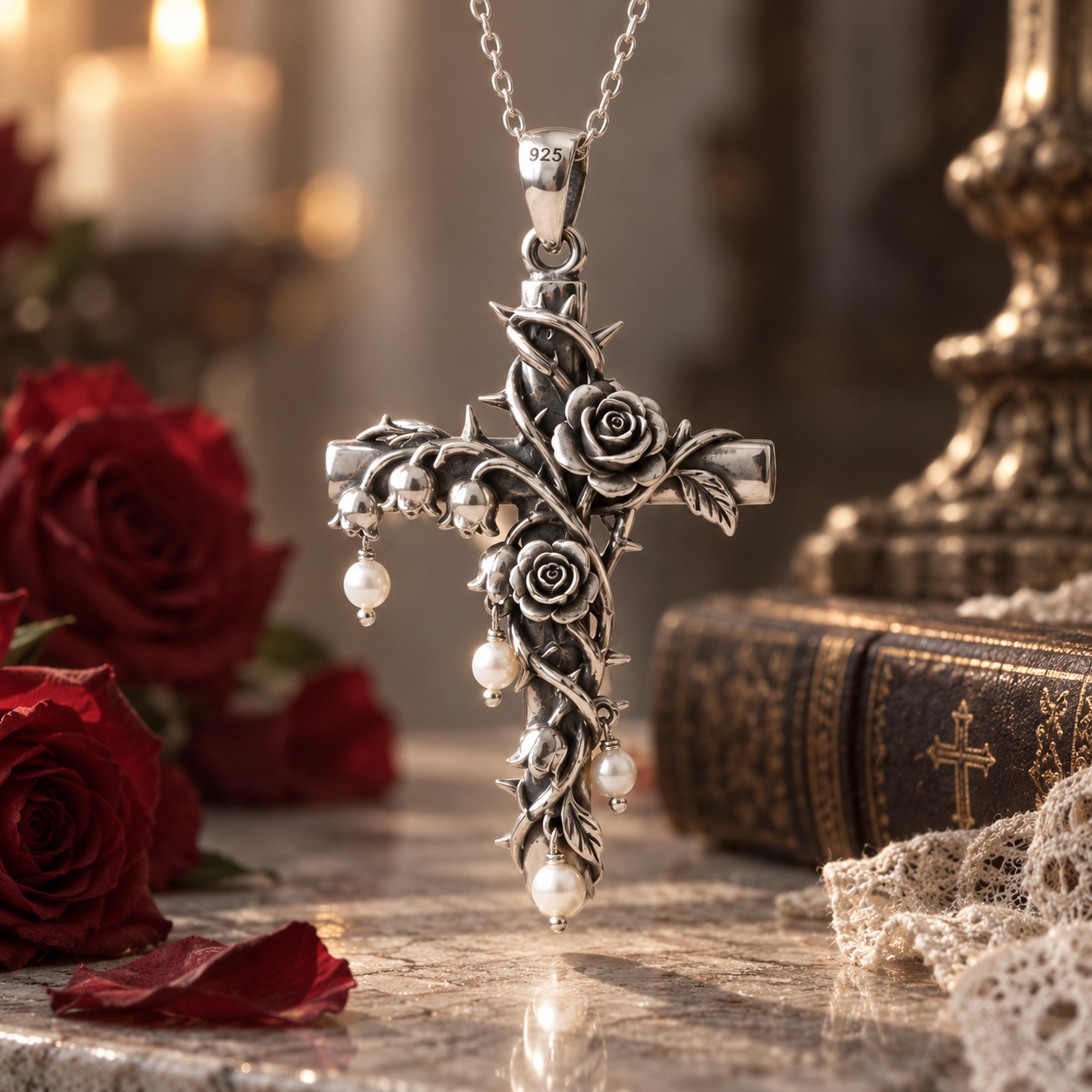 Lily of the Valley Vine Cross Pendant – Sculptural 925 Sterling Silver with Botanical Vines, Bell Blossoms & Pearl Drops