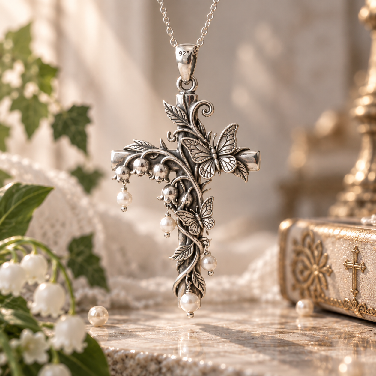 Lily of the Valley Vine Cross Pendant – Sculptural 925 Sterling Silver with Botanical Vines, Bell Blossoms & Pearl Drops
