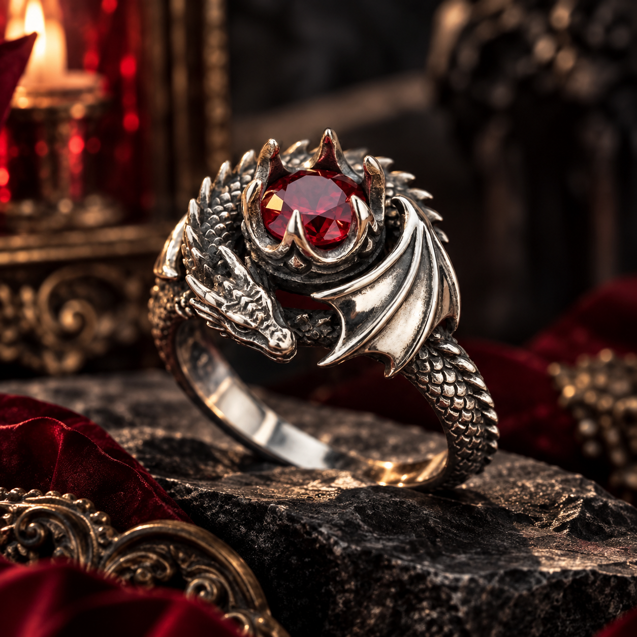 Wyvern Guardian Ruby Gemstone Ring – Sculptural 925 Sterling Silver with Winged Dragon, Claw Bezel & Ruby Red Center