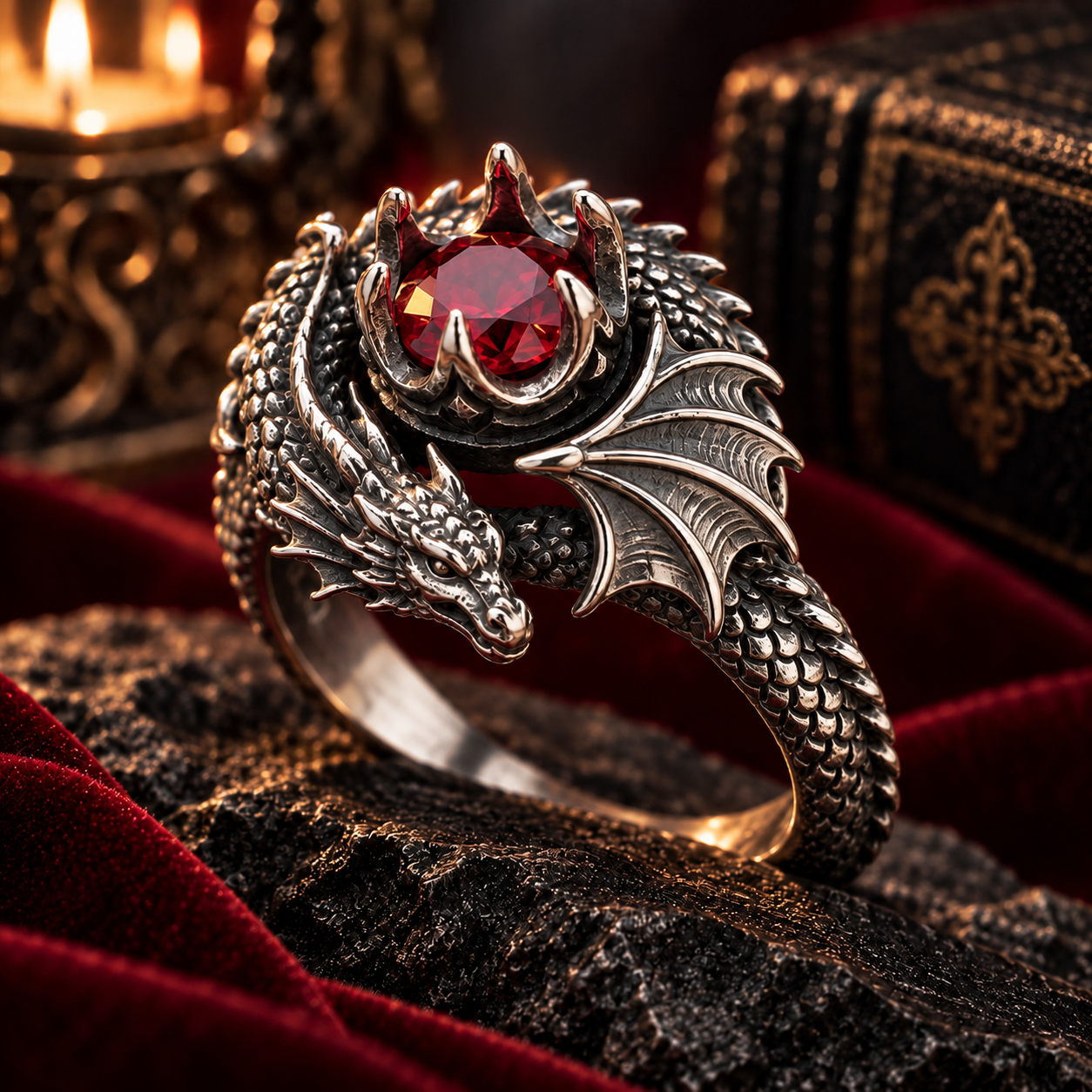 Wyvern Guardian Ruby Gemstone Ring – Sculptural 925 Sterling Silver with Winged Dragon, Claw Bezel & Ruby Red Center