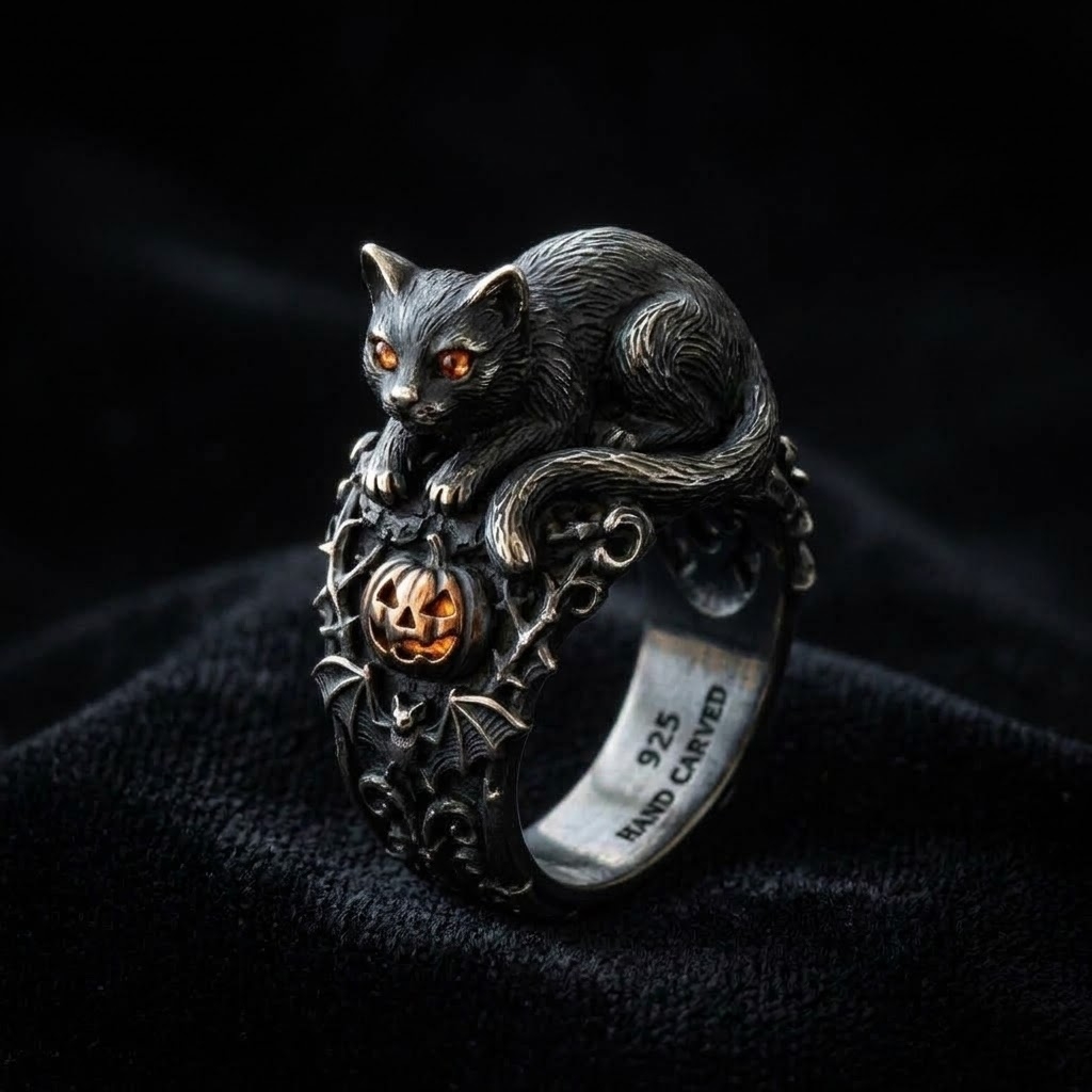 Black Cat Ring – Sculptural 925 Sterling Silver with Black Cat & Pumpkin Lantern, Gothic Halloween Jewelry