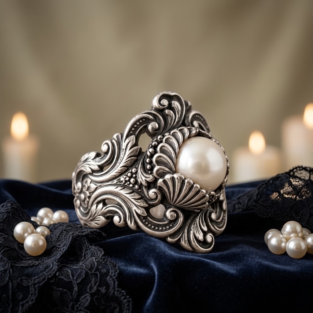 Pearl Ring – Sculptural 925 Sterling Silver with Ornate Scrollwork & Pearl, Vintage Court Jewelry