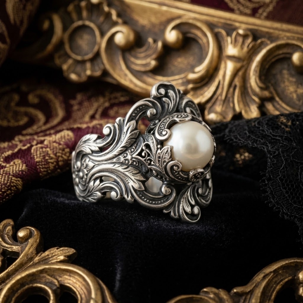 Pearl Ring – Sculptural 925 Sterling Silver with Ornate Scrollwork & Pearl, Vintage Court Jewelry