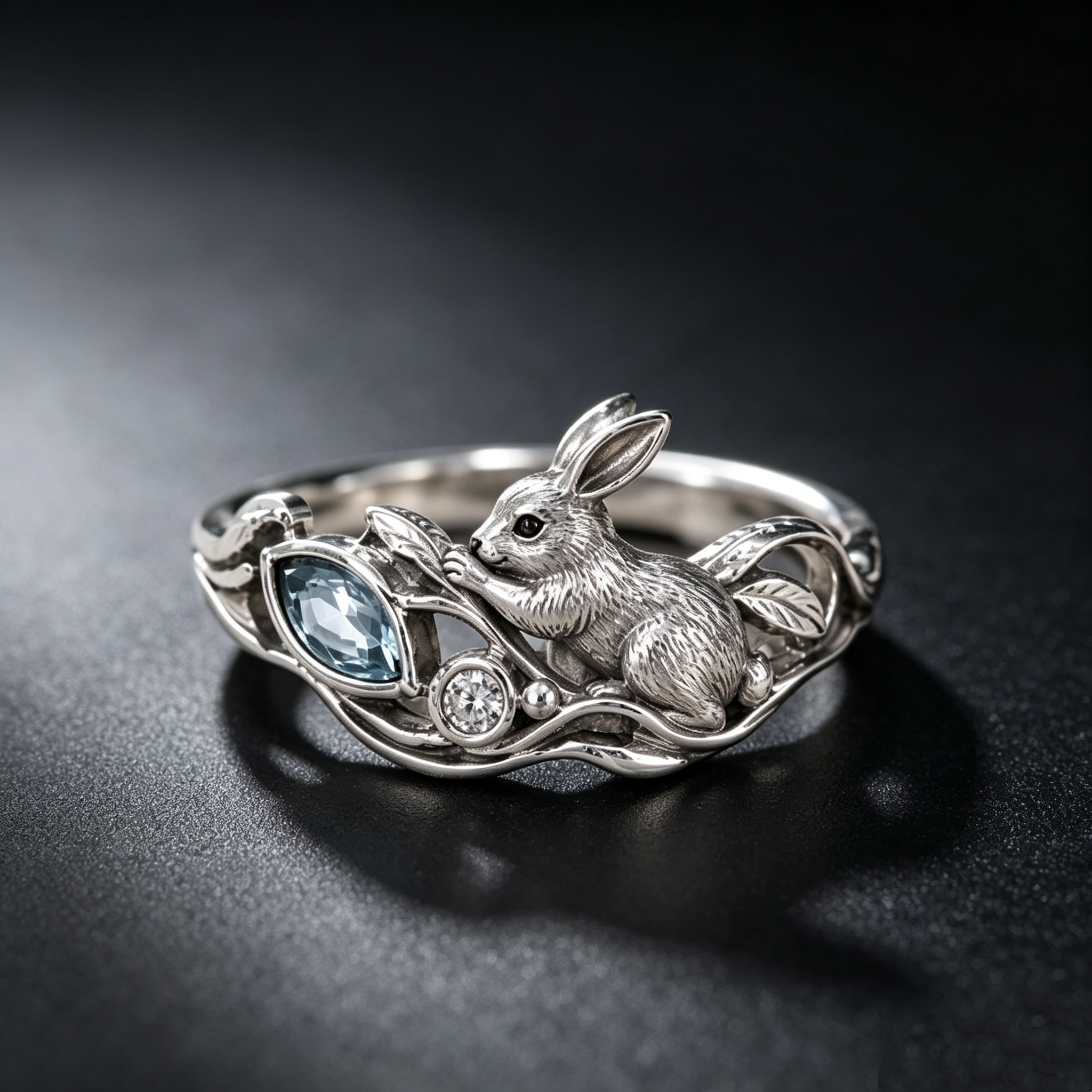 Blue Teardrop Ring – Sculptural 925 Sterling Silver with Realistic Seal & Light Blue Teardrop Stone, Forest-Inspired Jewelry