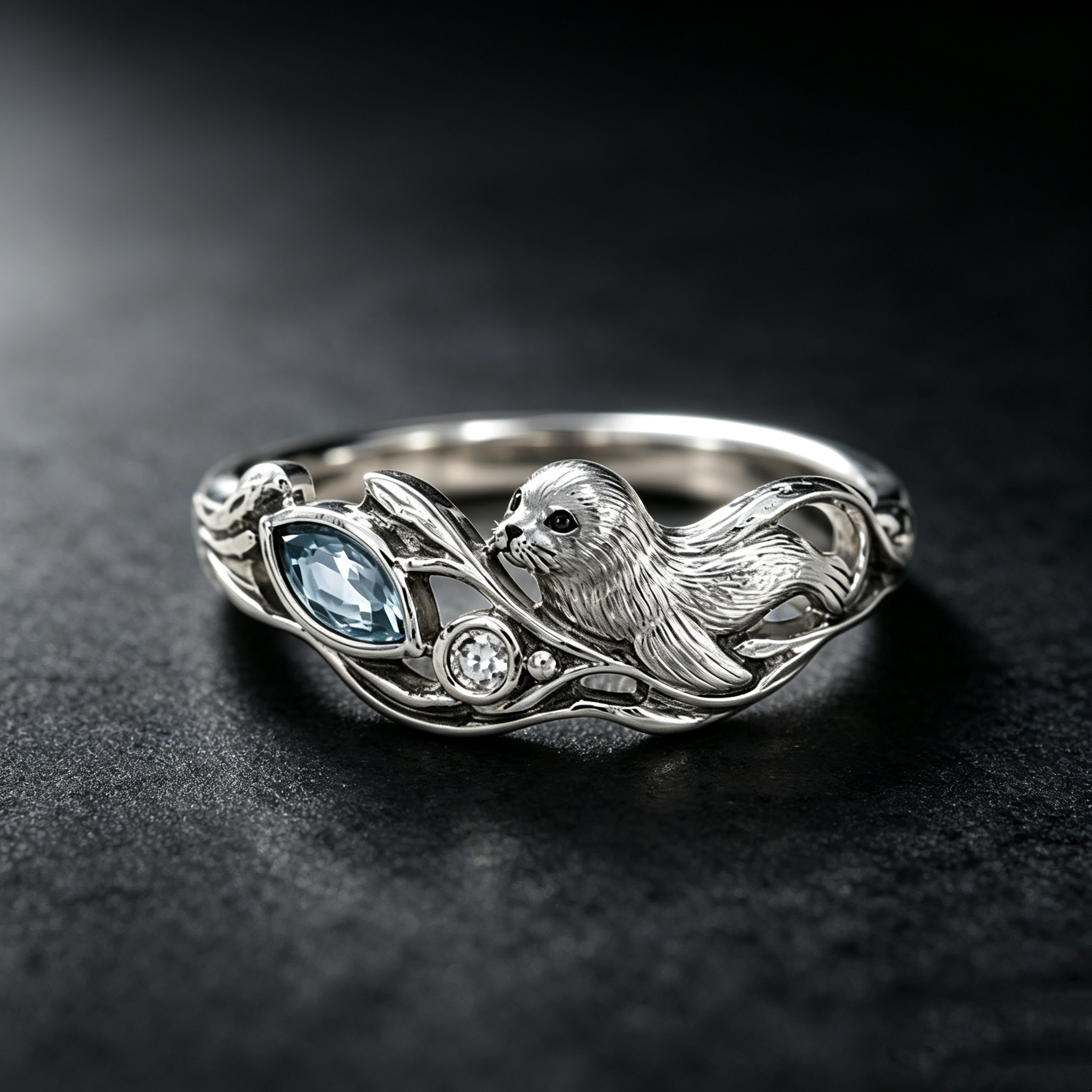 Blue Teardrop Ring – Sculptural 925 Sterling Silver with Realistic Seal & Light Blue Teardrop Stone, Forest-Inspired Jewelry