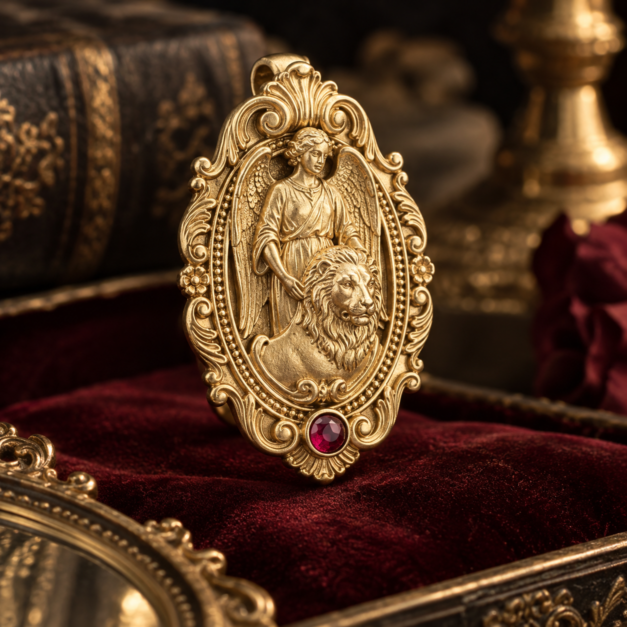 Sacred Emblem Pendant – Sculptural 925 Sterling Silver with Religious Relief, Animal Motifs & Red Stone Accents Vintage Jewelry