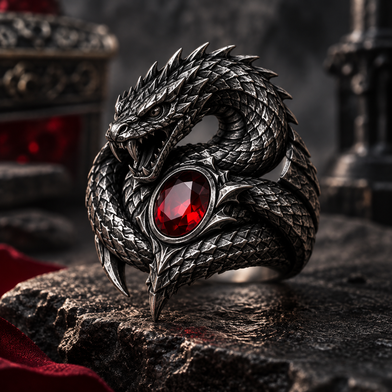 Dragon Coil Ring – Sculptural 925 Sterling Silver with Red Oval Stone & Scaled Details
