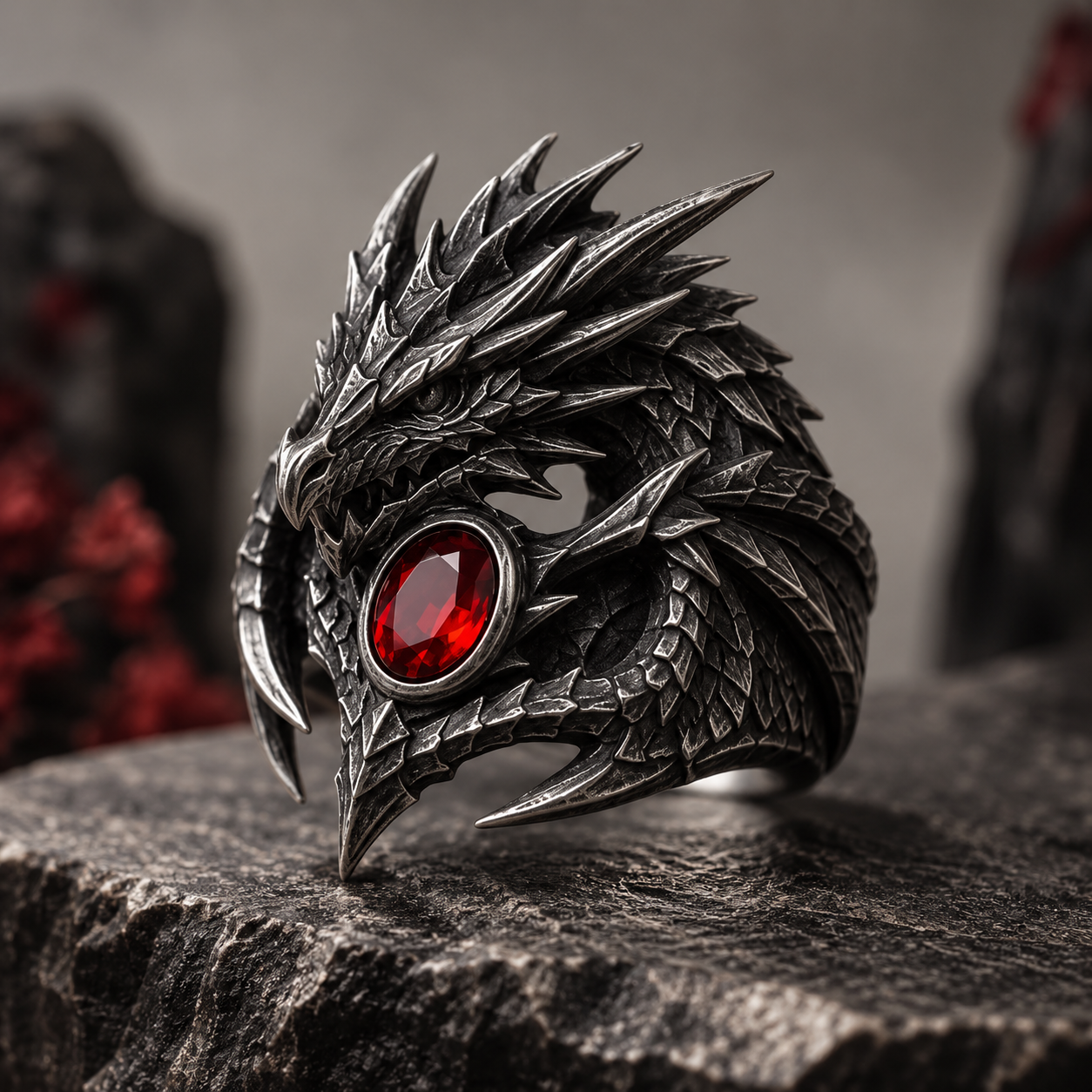 Dragon Coil Ring – Sculptural 925 Sterling Silver with Red Oval Stone & Scaled Details