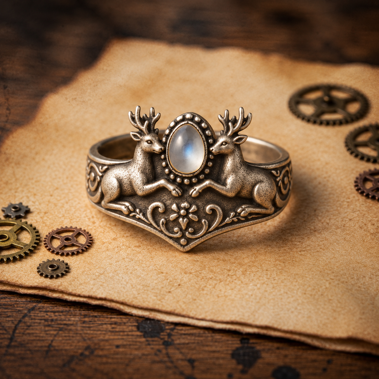 Dual Cat Moonstone Ring – Sculptural 925 Sterling Silver with Gazing Felines, Luminous Moonstone & Botanical Vines