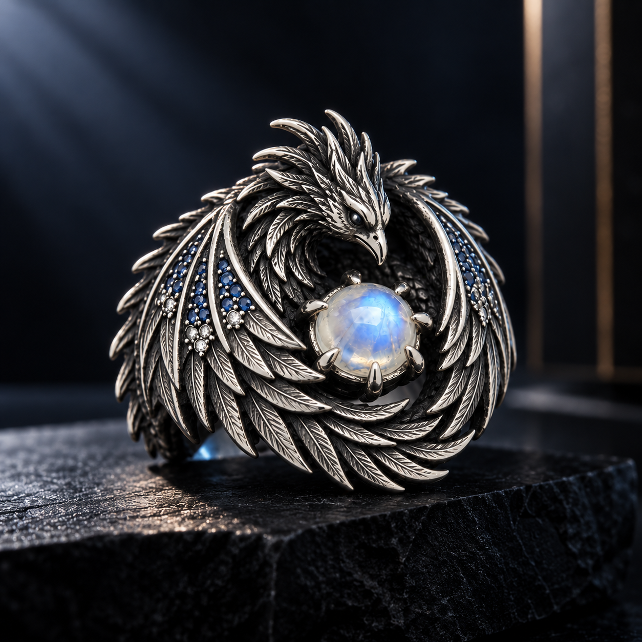 Coiled Celestial Dragon Moonstone Ring – Sculptural 925 Sterling Silver with Coiled Dragon, Luminous Moonstone, Spread Wings & Blue Accents