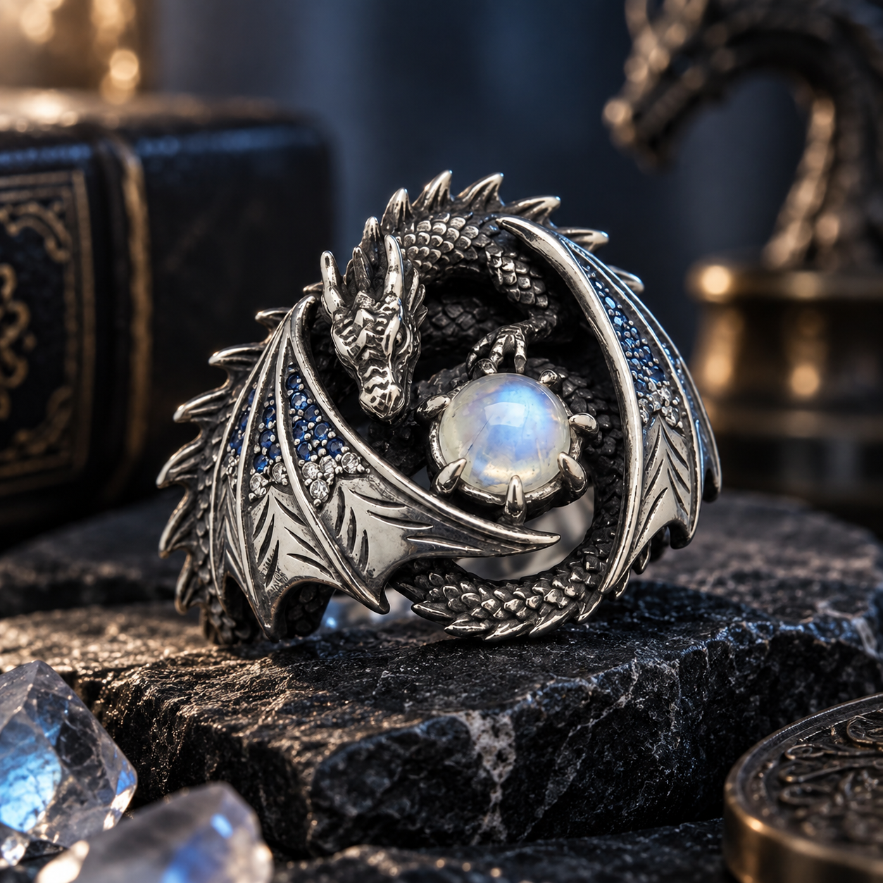 Coiled Celestial Dragon Moonstone Ring – Sculptural 925 Sterling Silver with Coiled Dragon, Luminous Moonstone, Spread Wings & Blue Accents