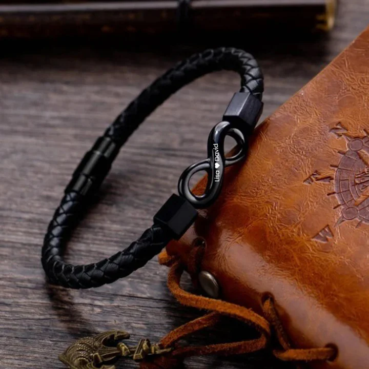 Custom Engraved Bracelet Infinity Leather Bracelet Gift for Boyfriend