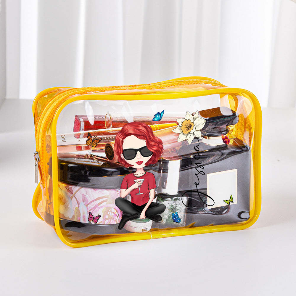 Personalized Cartoon Girl Birth Flower Clear Waterproof Makeup Bag with Name Birthday Gift for Her - soufeelus