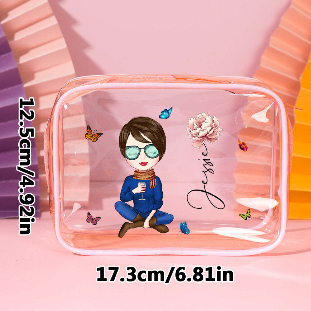 Personalized Cartoon Girl Birth Flower Clear Waterproof Makeup Bag with Name Birthday Gift for Her - soufeelus