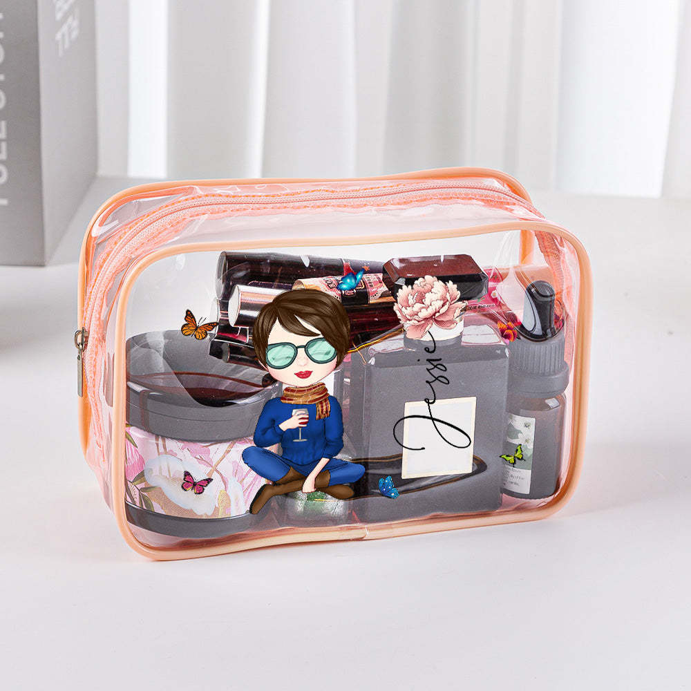 Personalized Cartoon Girl Birth Flower Clear Waterproof Makeup Bag with Name Birthday Gift for Her - soufeelus