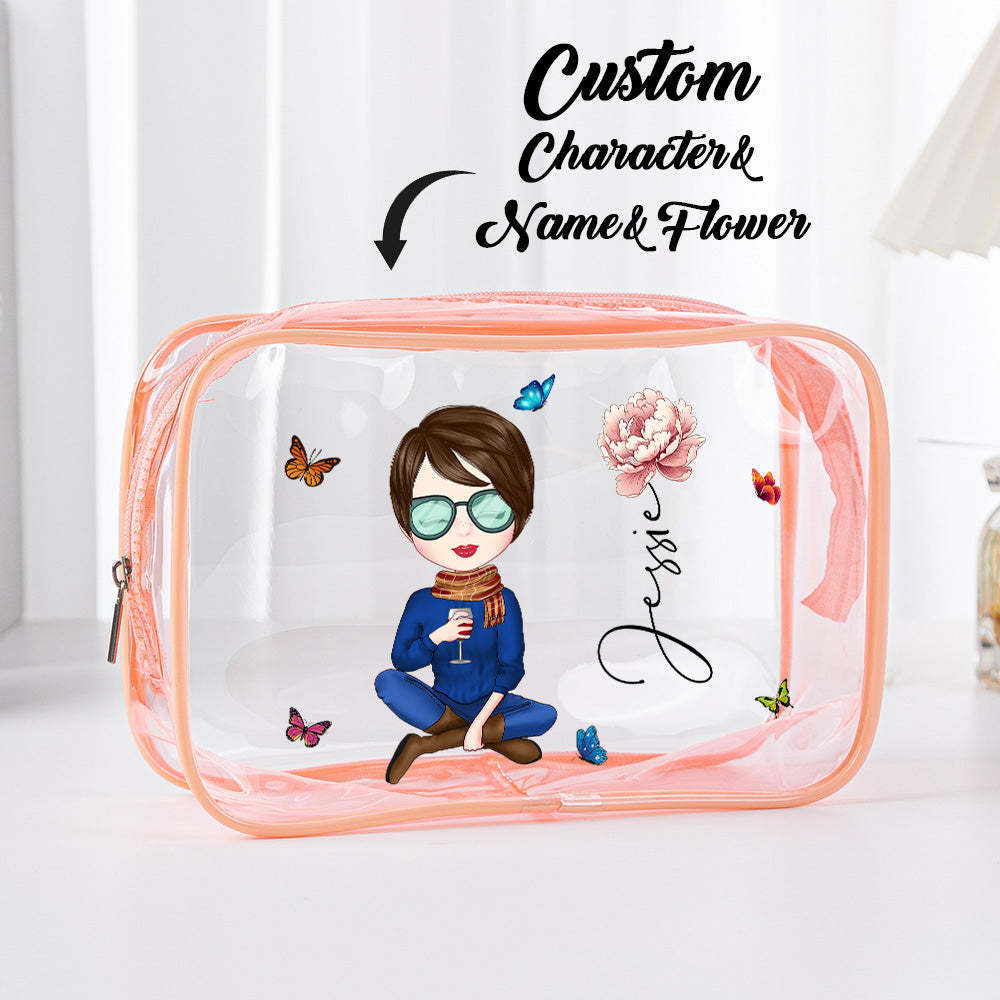 Personalized Cartoon Girl Birth Flower Clear Waterproof Makeup Bag with Name Birthday Gift for Her - soufeelus