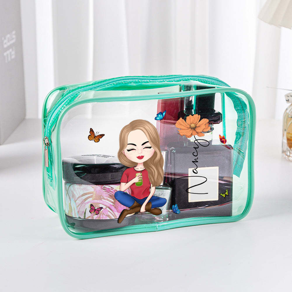 Personalized Cartoon Girl Birth Flower Clear Waterproof Makeup Bag with Name Birthday Gift for Her - soufeelus