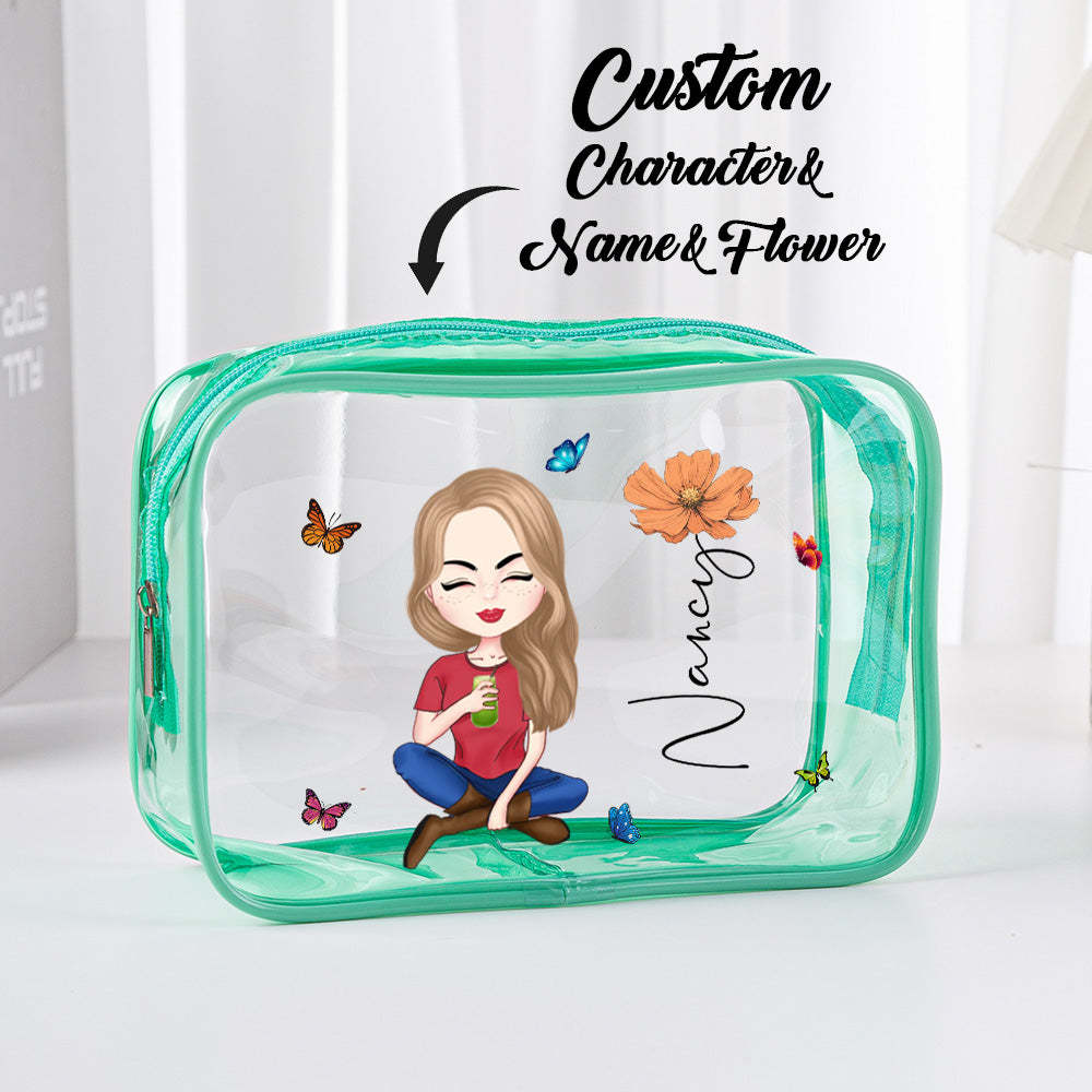 Personalized Cartoon Girl Birth Flower Clear Waterproof Makeup Bag with Name Birthday Gift for Her - soufeelus