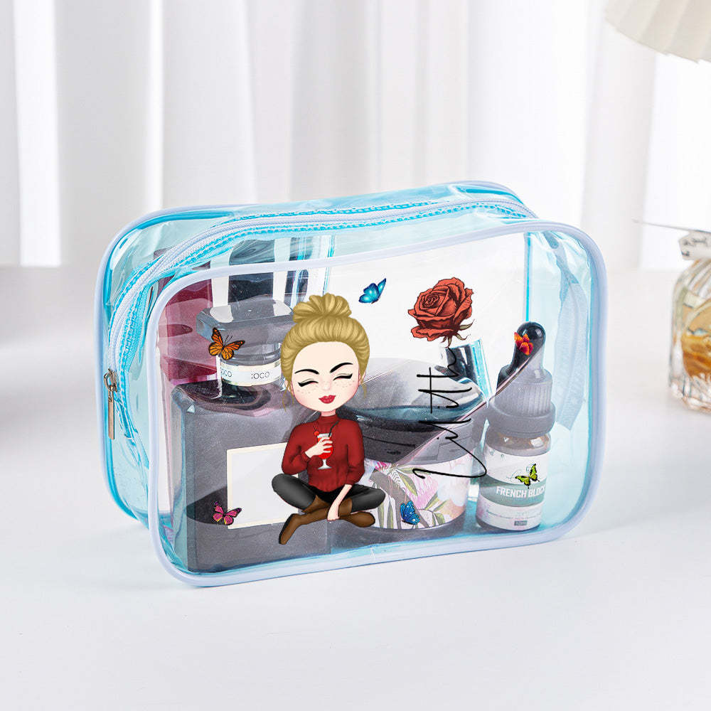 Personalized Cartoon Girl Birth Flower Clear Waterproof Makeup Bag with Name Birthday Gift for Her - soufeelus
