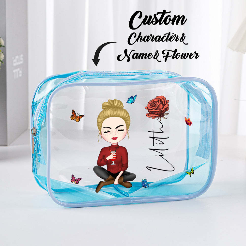 Personalized Cartoon Girl Birth Flower Clear Waterproof Makeup Bag with Name Birthday Gift for Her - soufeelus