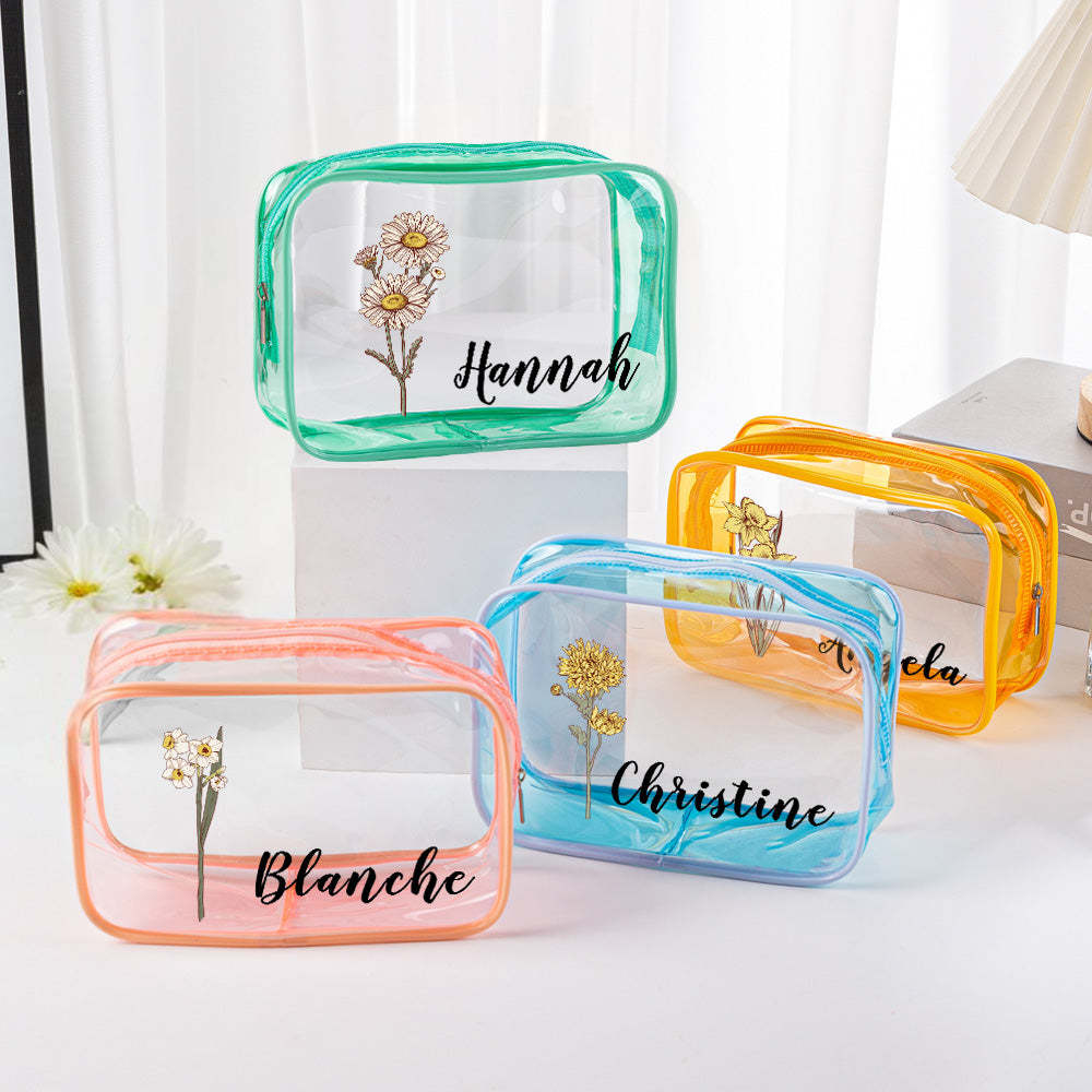 Personalized Birth Flower Clear Makeup Bag Waterproof Cosmetic Bag Wedding Travel Gift for Her - soufeelus