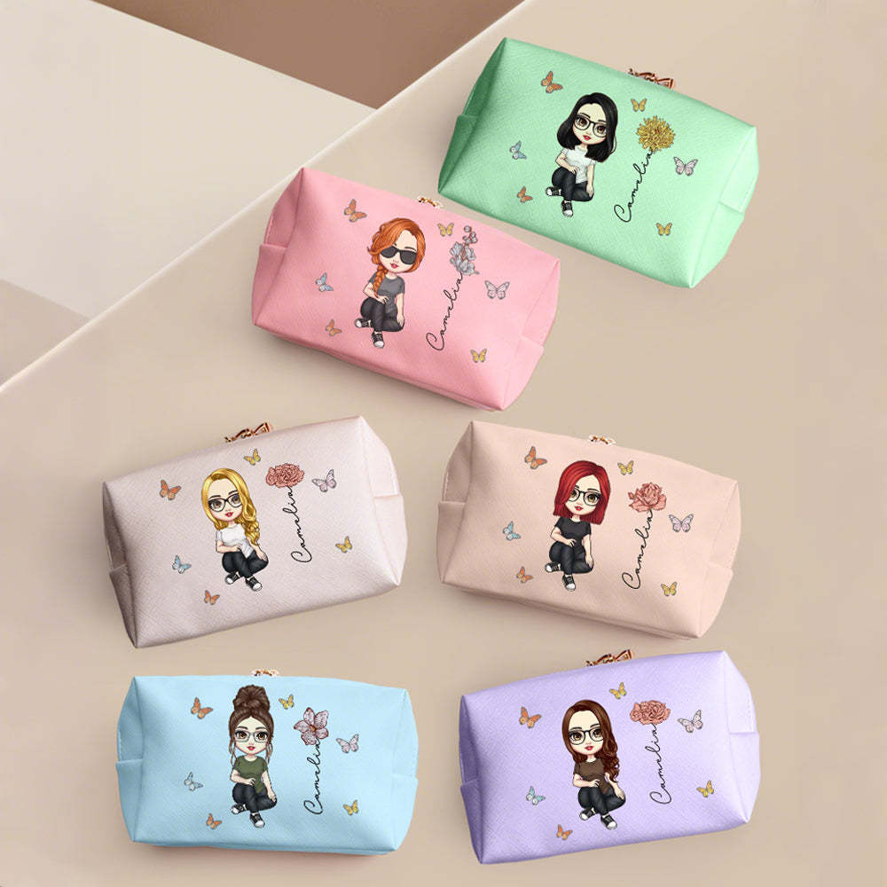 Personalized Cartoon Character Makeup Bag with Birth Flower Leather Cosmetic Bag Gift for Her - soufeelus