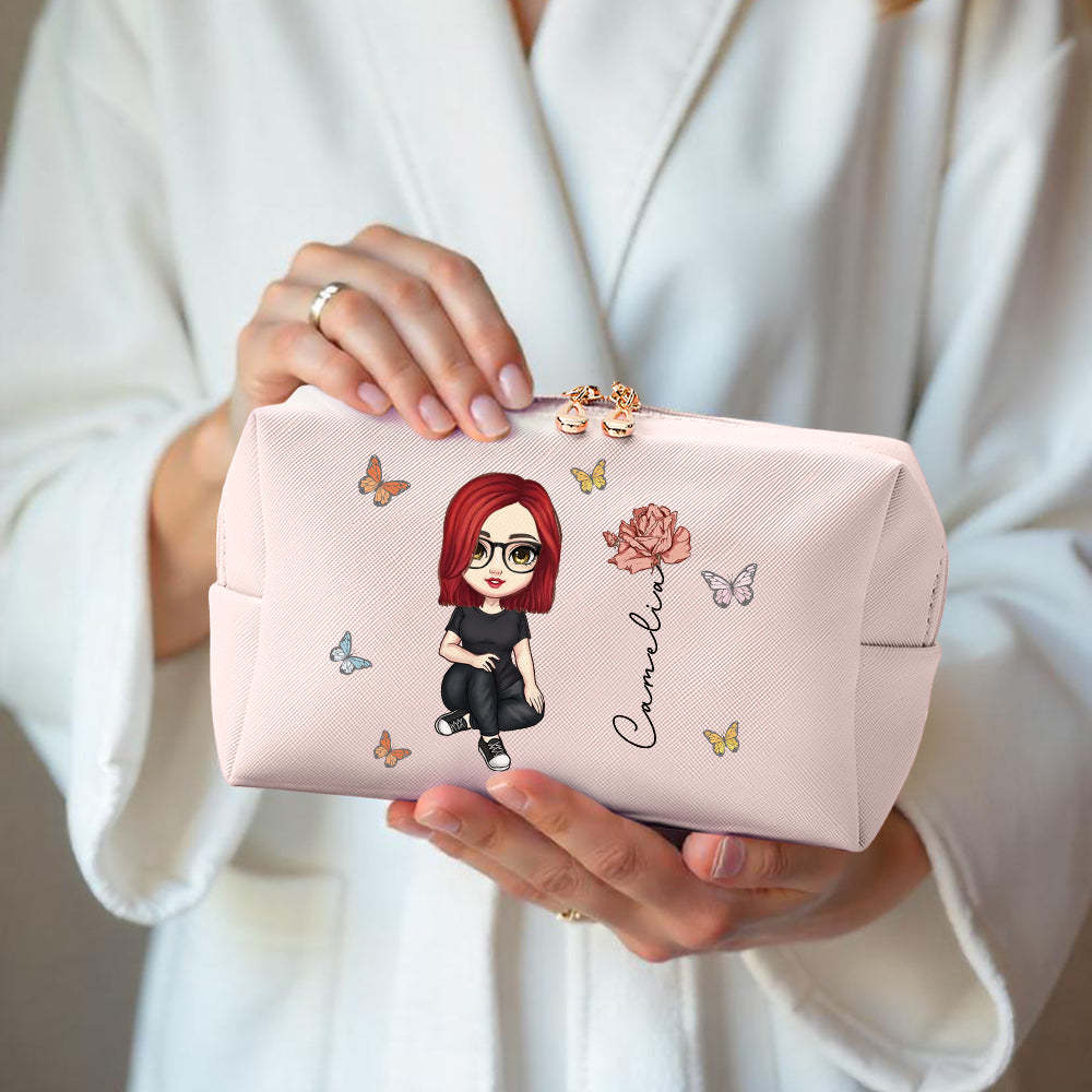 Personalized Cartoon Character Makeup Bag with Birth Flower Leather Cosmetic Bag Gift for Her - soufeelus