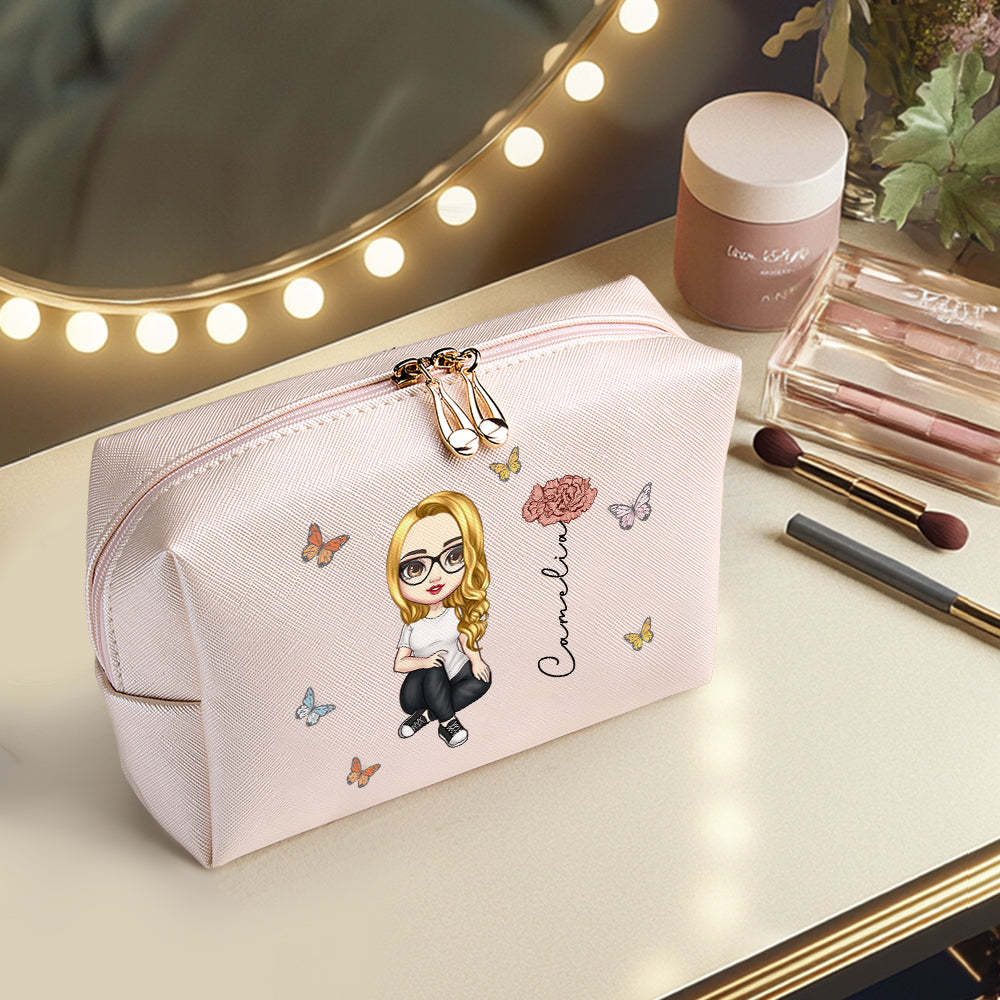 Personalized Cartoon Character Makeup Bag with Birth Flower Leather Cosmetic Bag Gift for Her - soufeelus