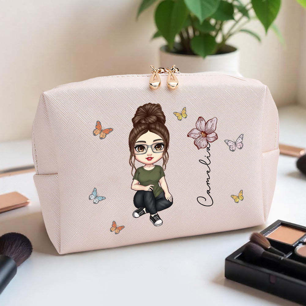 Personalized Cartoon Character Makeup Bag with Birth Flower Leather Cosmetic Bag Gift for Her - soufeelus