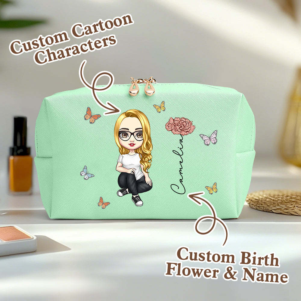 Personalized Cartoon Character Makeup Bag with Birth Flower Leather Cosmetic Bag Gift for Her - soufeelus