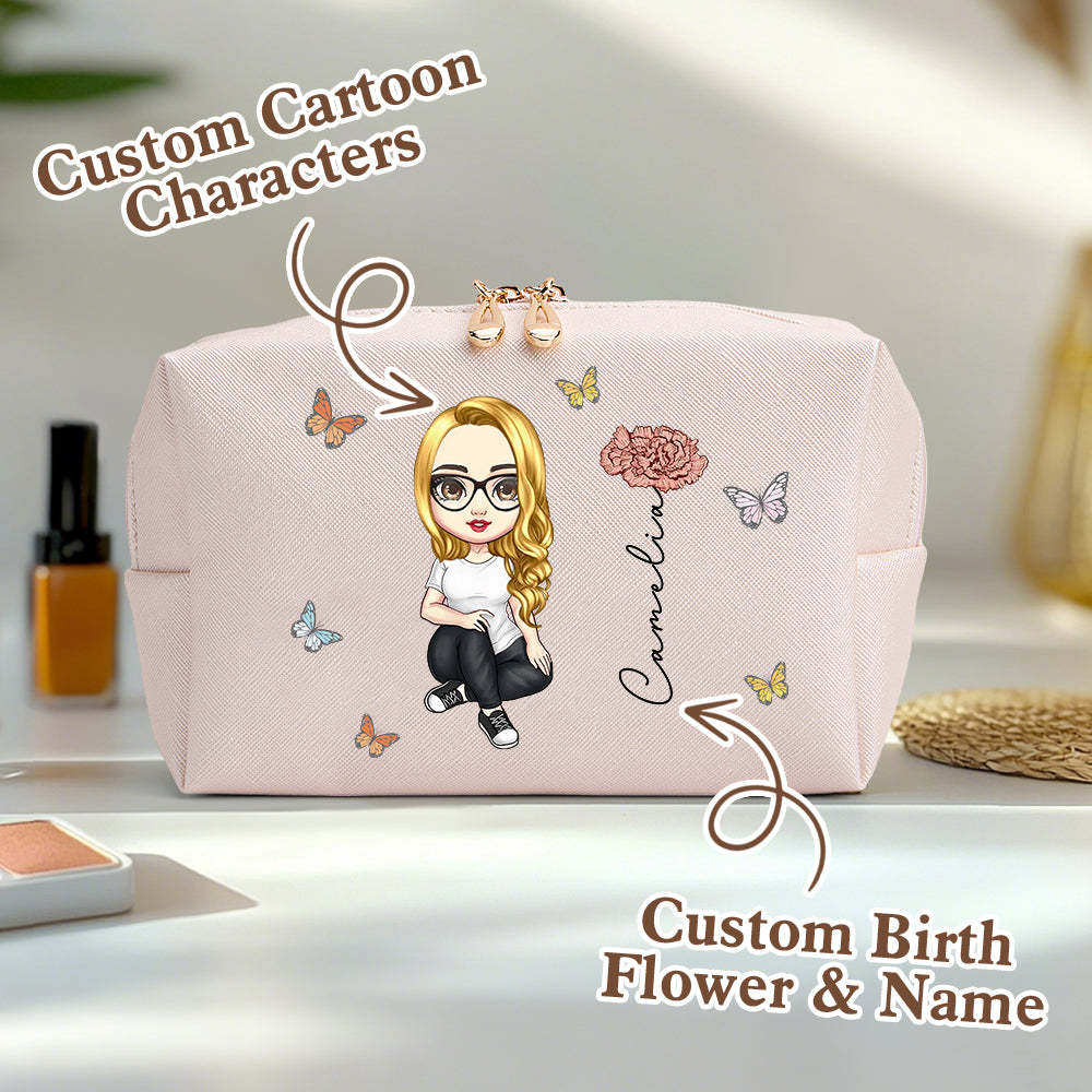 Personalized Cartoon Character Makeup Bag with Birth Flower Leather Cosmetic Bag Gift for Her - soufeelus