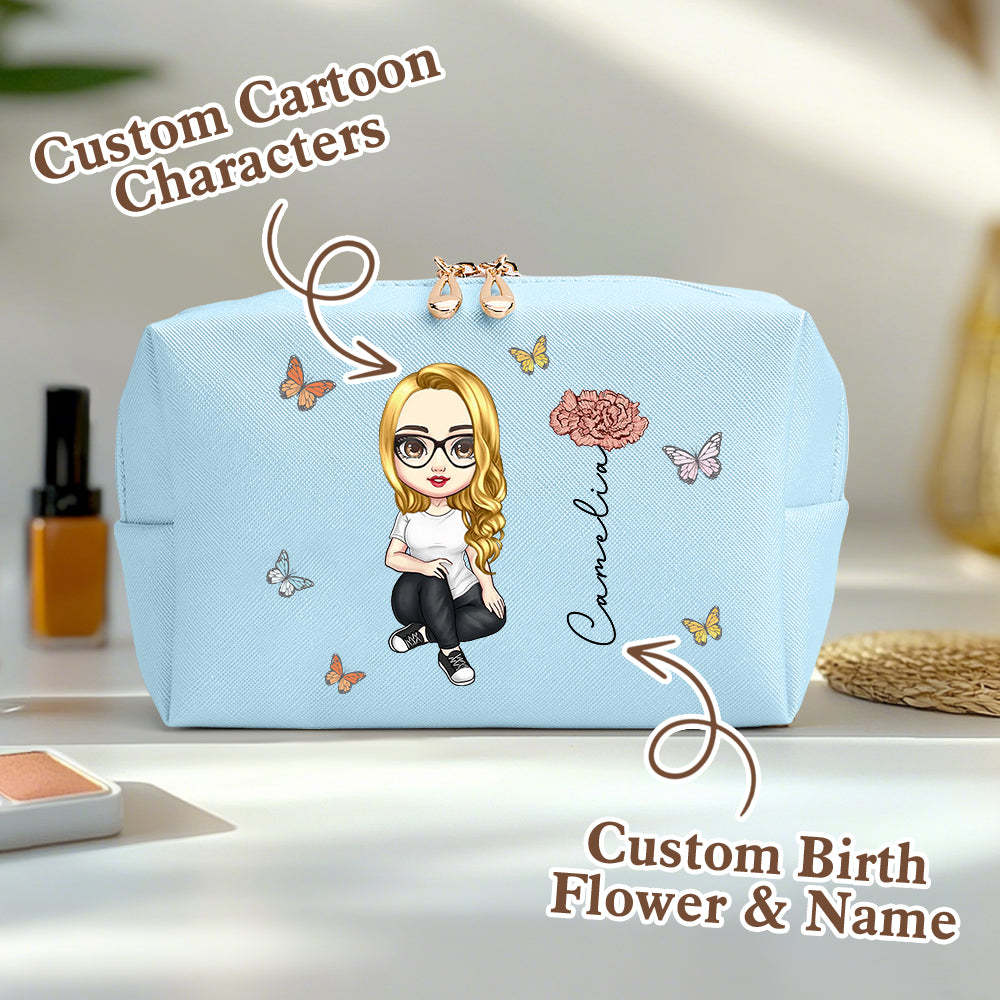 Personalized Cartoon Character Makeup Bag with Birth Flower Leather Cosmetic Bag Gift for Her - soufeelus