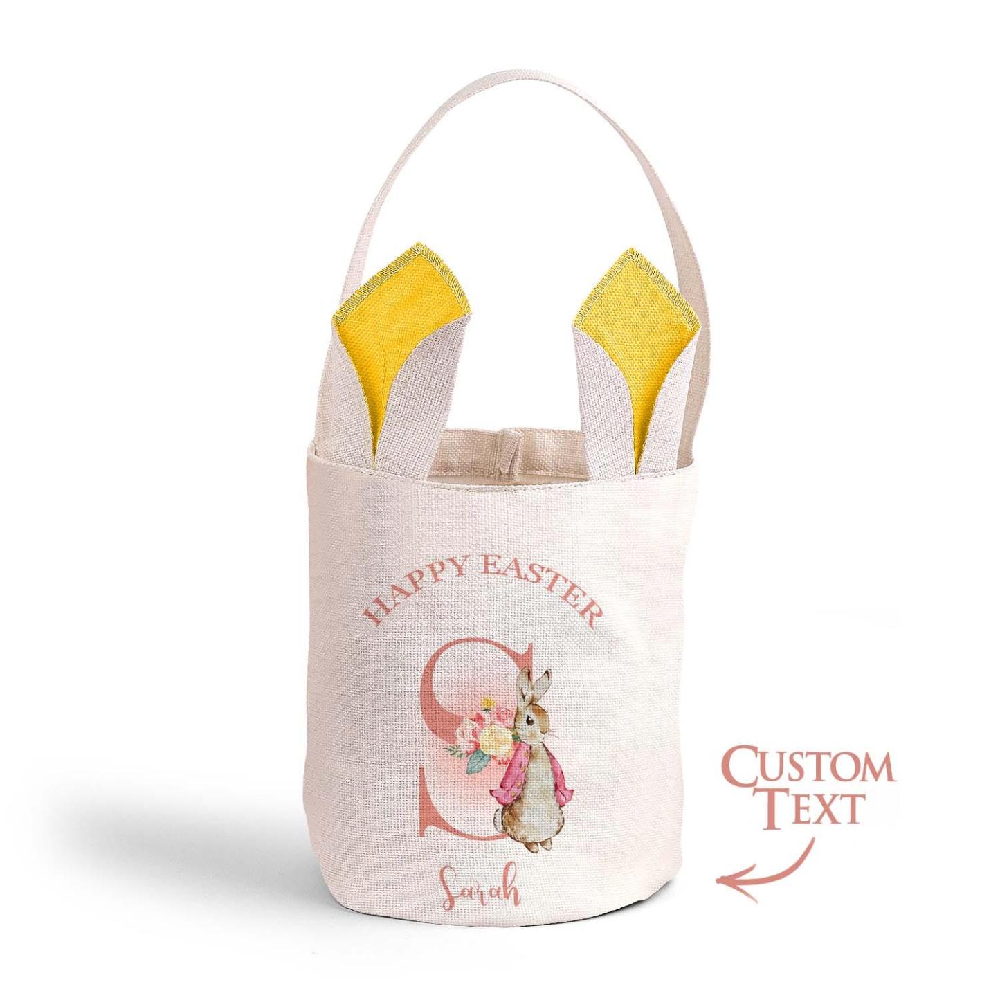 Personalized Cute Peter Rabbit Bunny Ears Bucket Bag with Initial and Name Easter Egg Hunt Basket Birthday Party Favors Gift for Kids