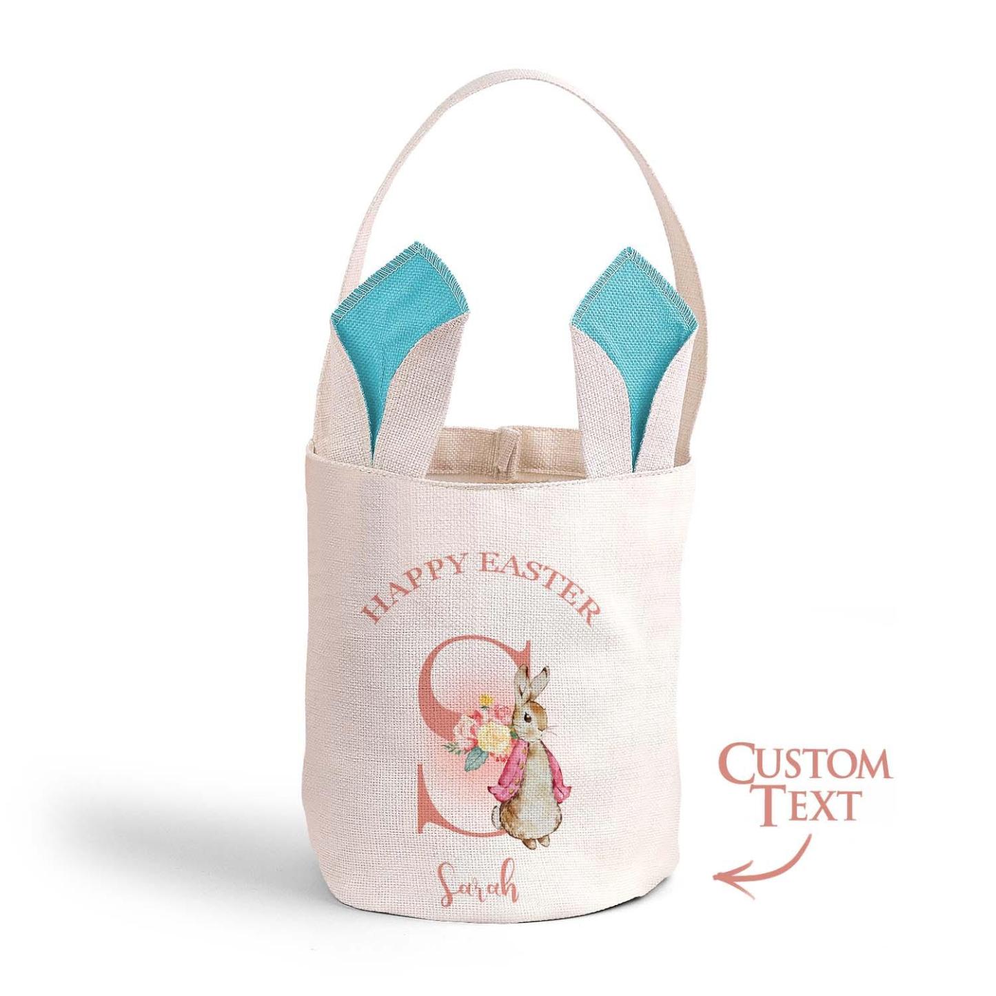 Personalized Cute Peter Rabbit Bunny Ears Bucket Bag with Initial and Name Easter Egg Hunt Basket Birthday Party Favors Gift for Kids