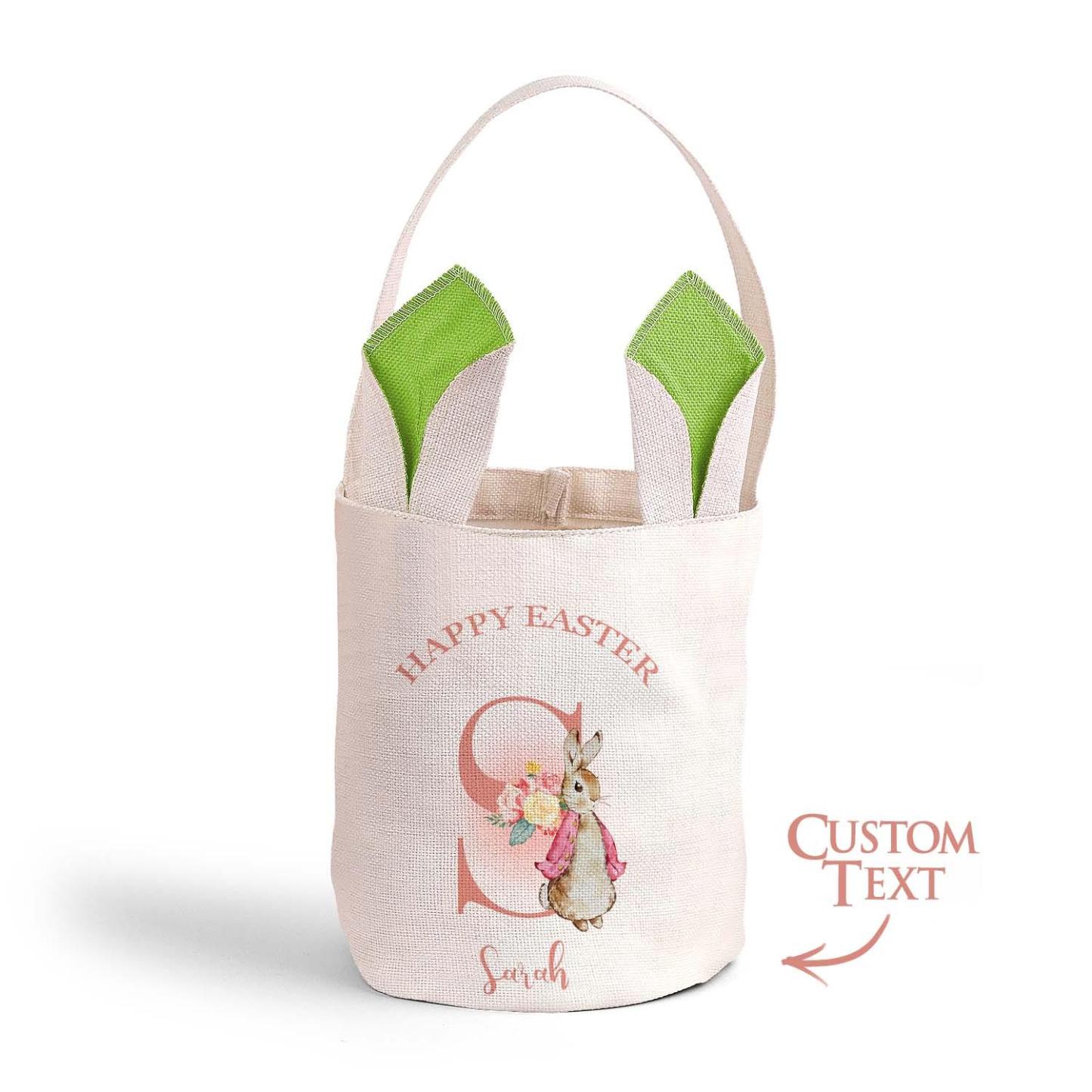 Personalized Cute Peter Rabbit Bunny Ears Bucket Bag with Initial and Name Easter Egg Hunt Basket Birthday Party Favors Gift for Kids