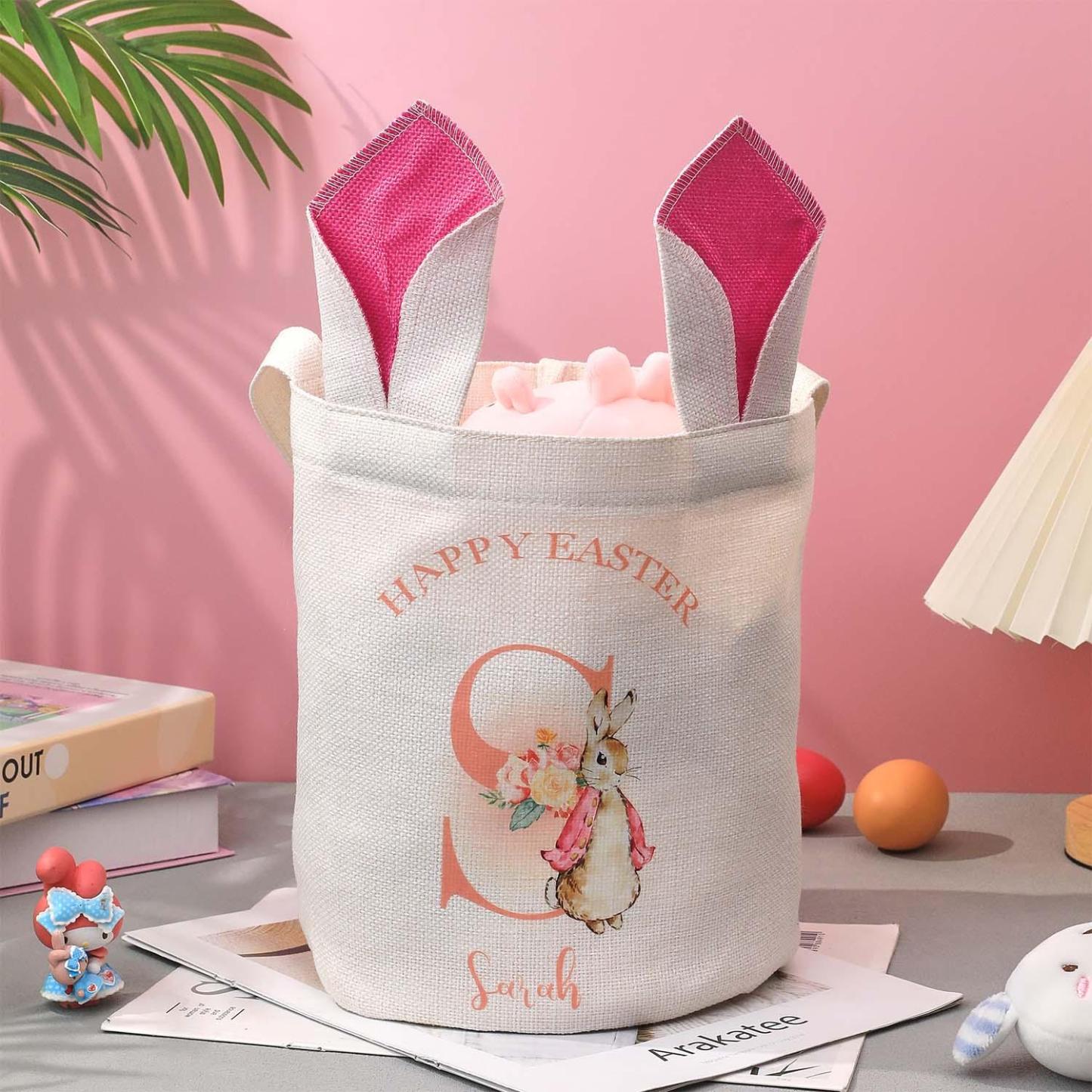 Personalized Cute Peter Rabbit Bunny Ears Bucket Bag with Initial and Name Easter Egg Hunt Basket Birthday Party Favors Gift for Kids