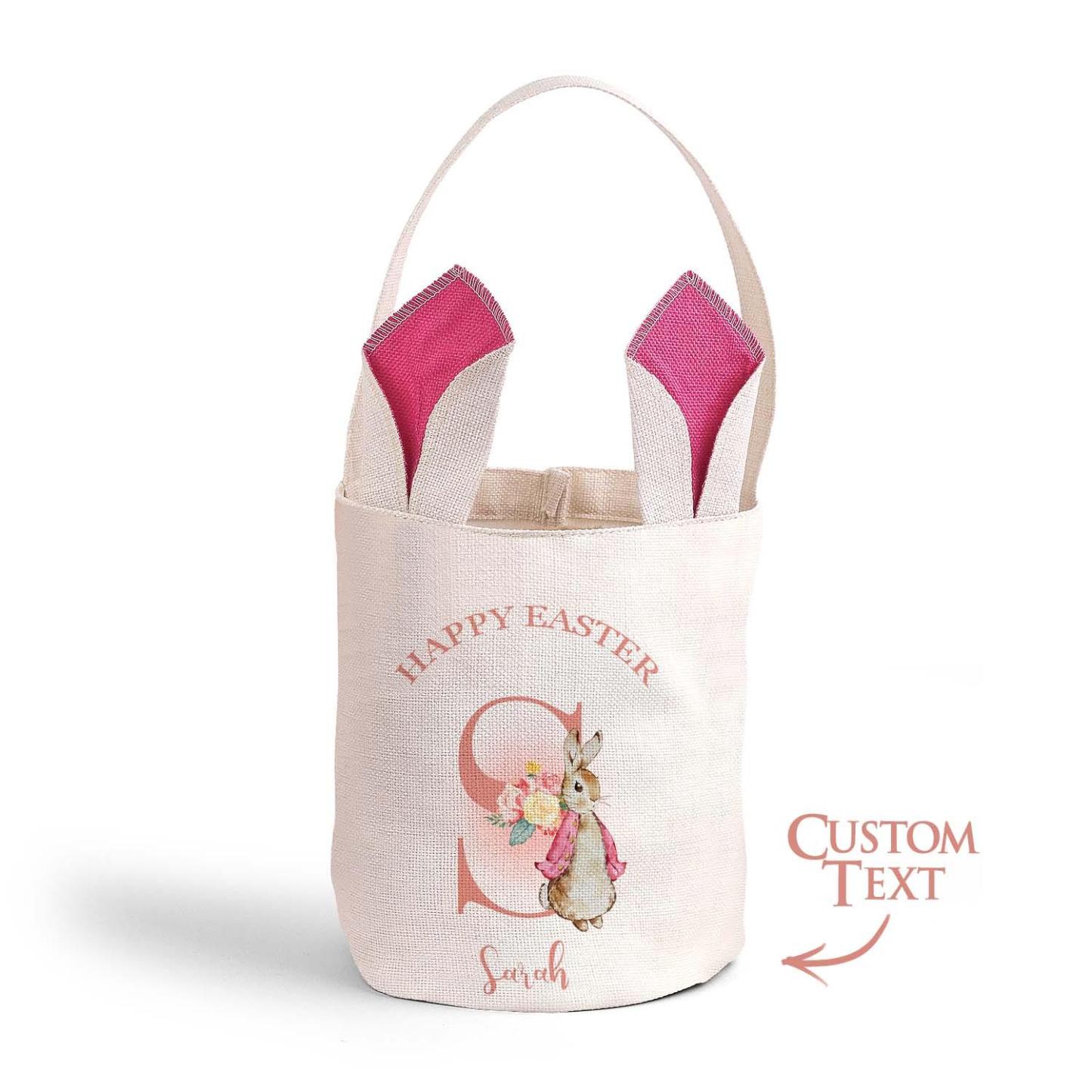 Personalized Cute Peter Rabbit Bunny Ears Bucket Bag with Initial and Name Easter Egg Hunt Basket Birthday Party Favors Gift for Kids