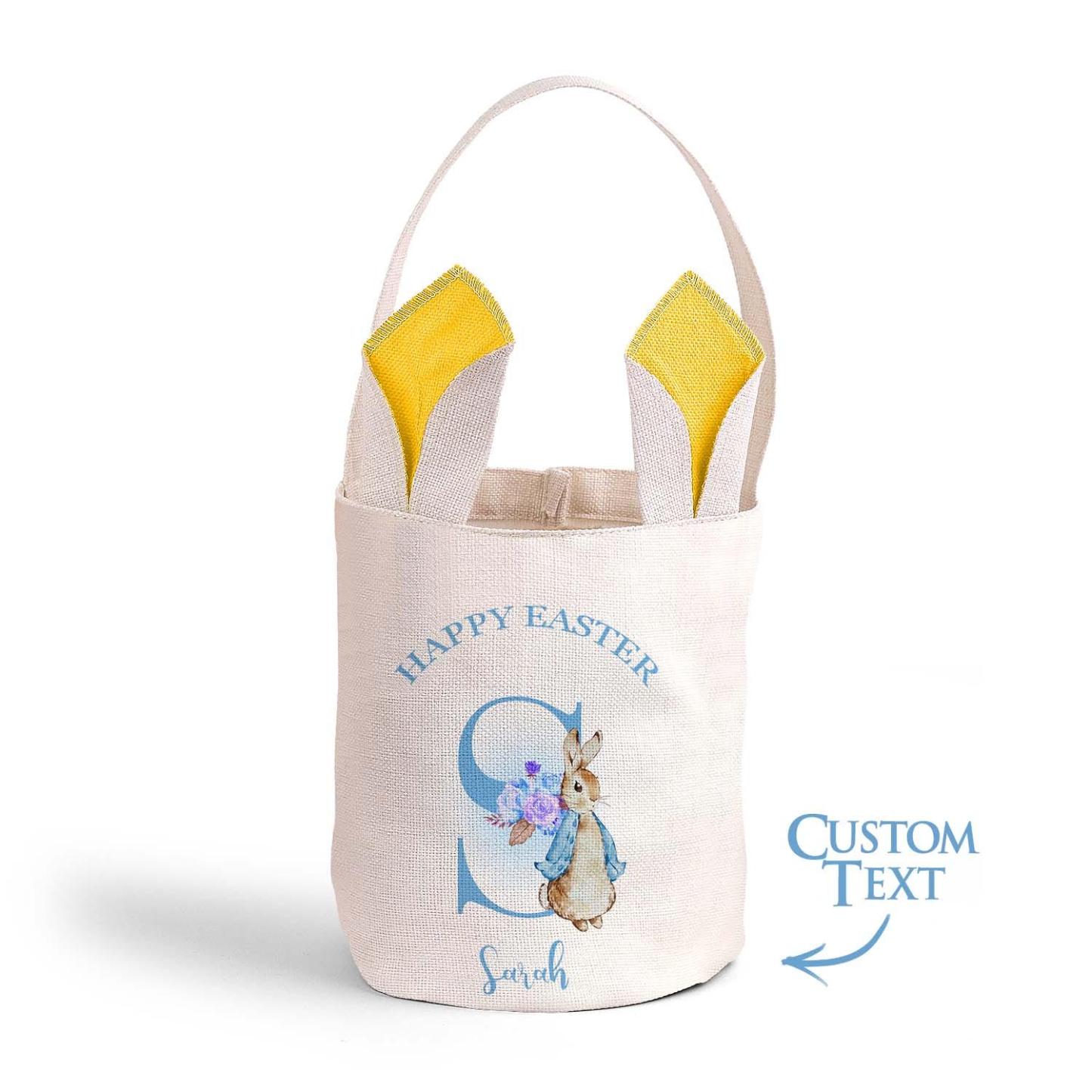 Personalized Cute Peter Rabbit Bunny Ears Bucket Bag with Initial and Name Easter Egg Hunt Basket Birthday Party Favors Gift for Kids