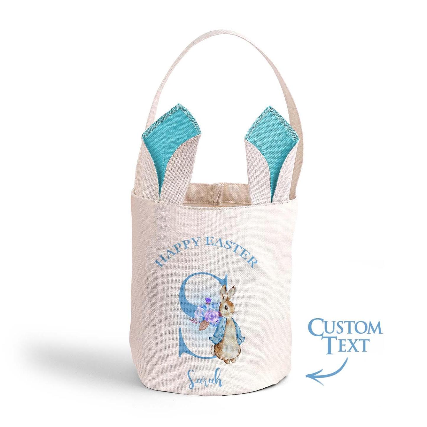 Personalized Cute Peter Rabbit Bunny Ears Bucket Bag with Initial and Name Easter Egg Hunt Basket Birthday Party Favors Gift for Kids