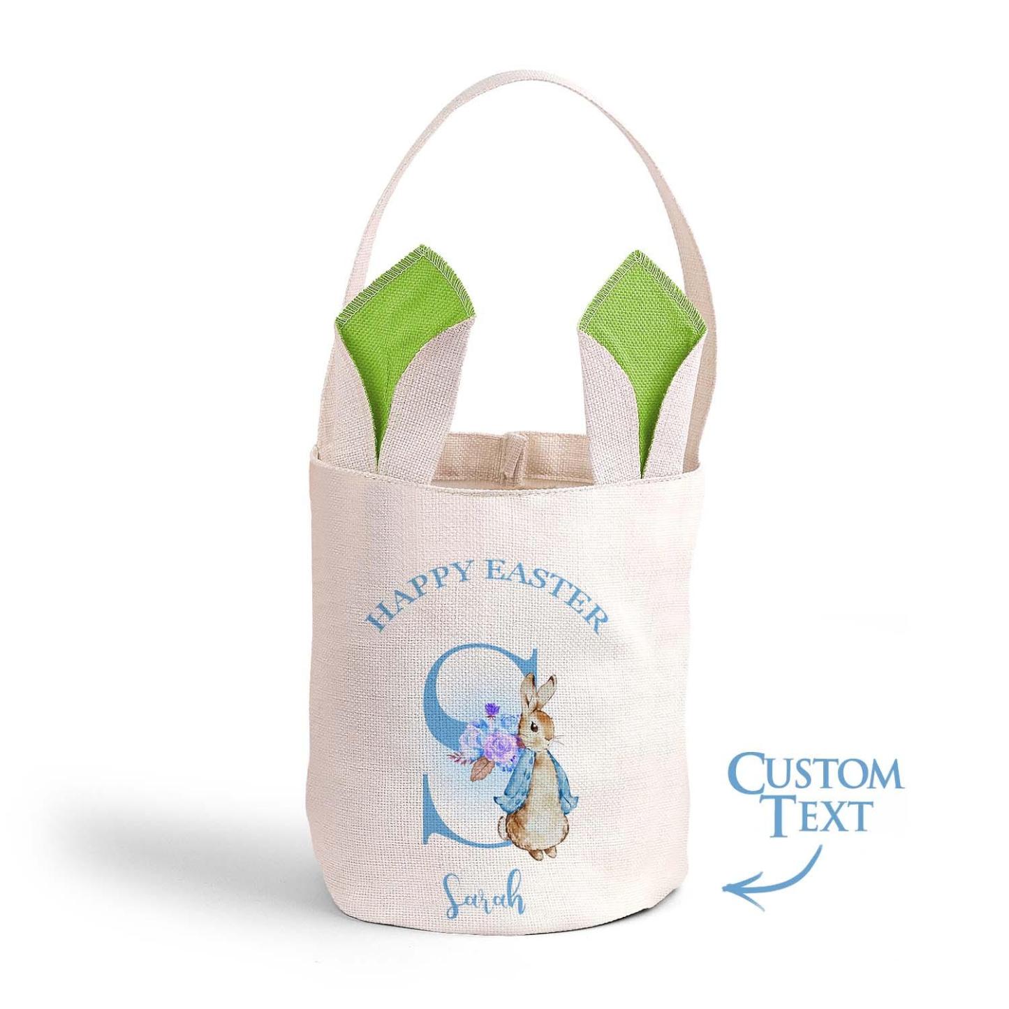 Personalized Cute Peter Rabbit Bunny Ears Bucket Bag with Initial and Name Easter Egg Hunt Basket Birthday Party Favors Gift for Kids