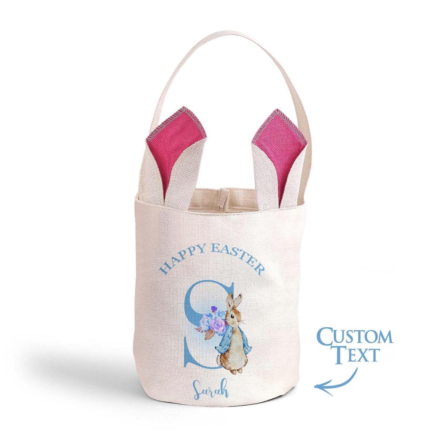Personalized Cute Peter Rabbit Bunny Ears Bucket Bag with Initial and Name Easter Egg Hunt Basket Birthday Party Favors Gift for Kids