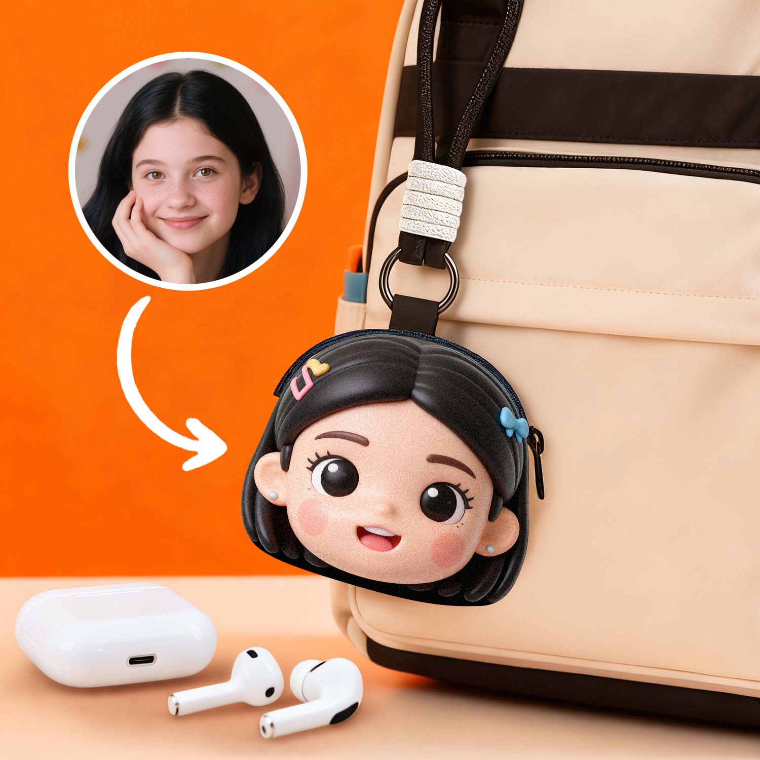 Custom Emoji Earphone Bag - Turn Your Photo Into Emoji Personalized Emoji Small Earphone bag with Zipper and Lanyard Coin Purse