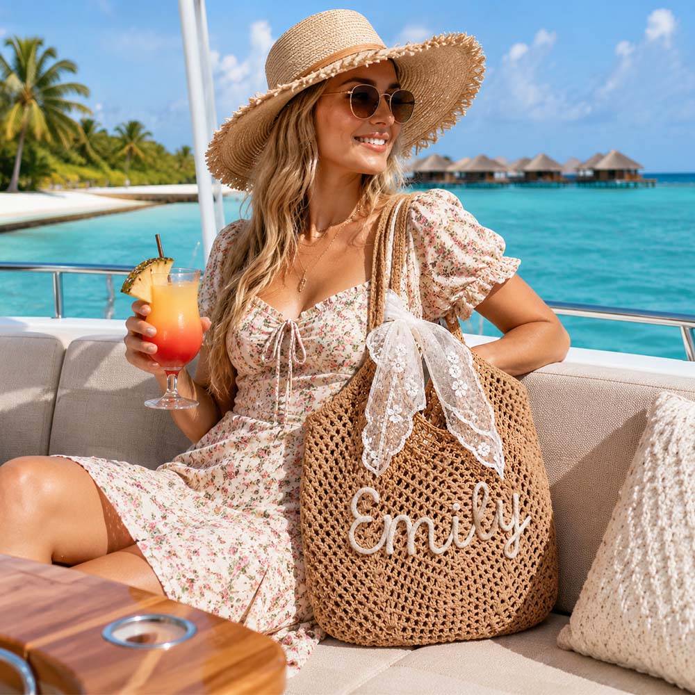 Personalized Crochet Beach Bag with Custom Name Monogrammed Straw Style Mesh Bag for Summer Vacation Hand Knit Name Tote Bag