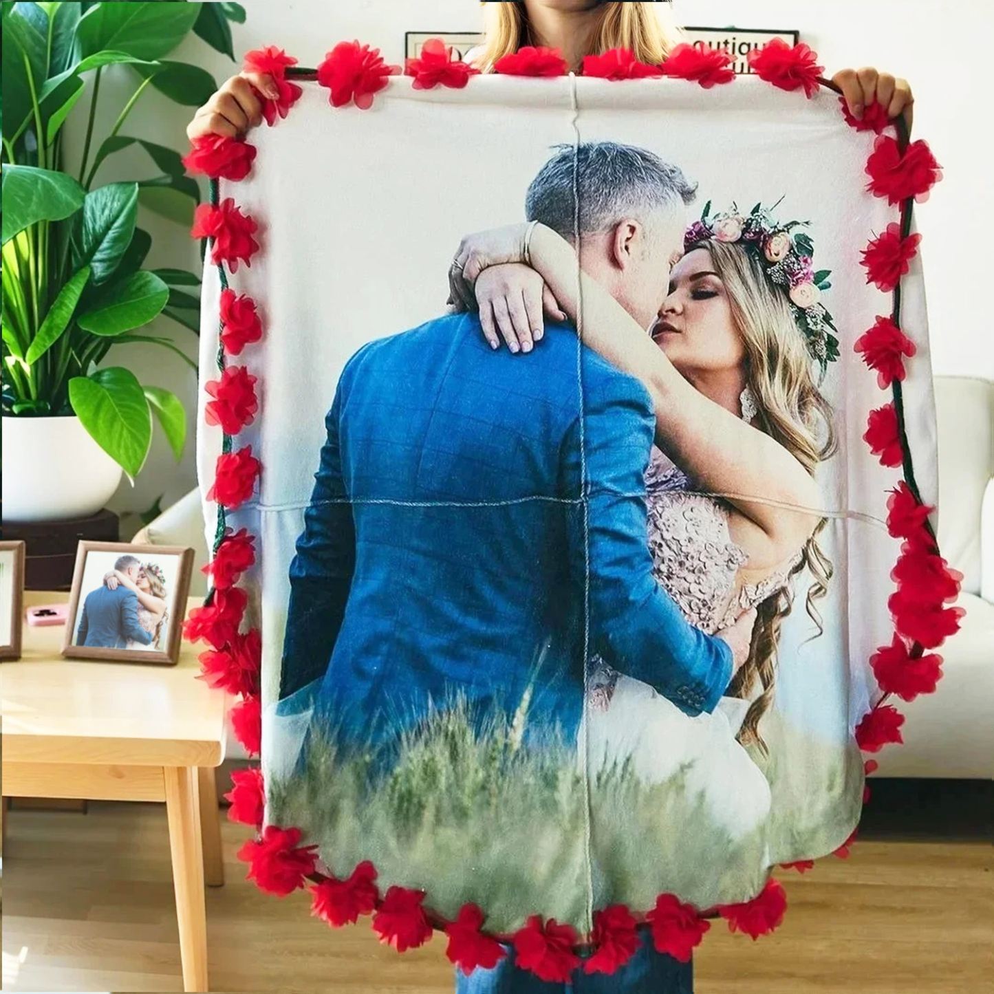 Custom Photo Knitted Blanket Personalized Blanket with Floral Edging Valentine's Day Gift, Mother's Day Gift