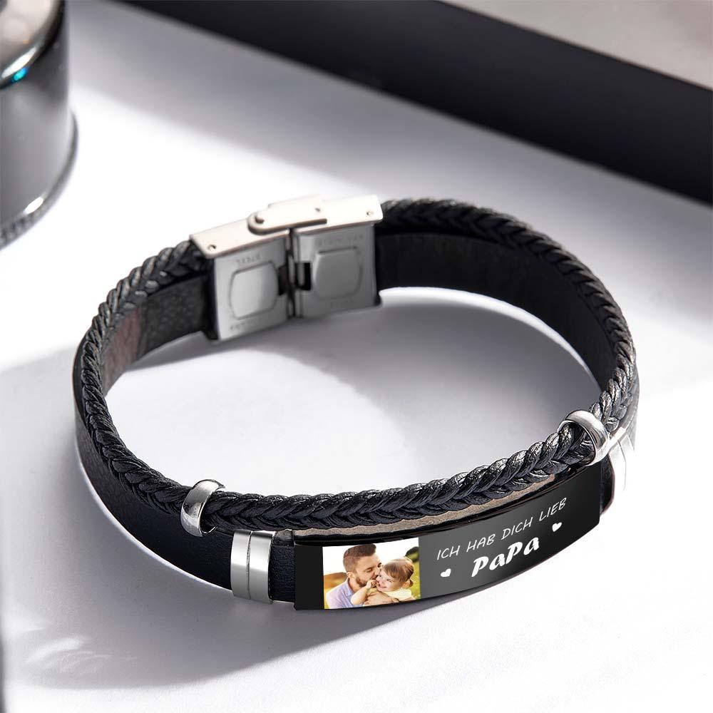 Personalized Photo Leather Bracelet With Text Braided Bangle Father's Day Gifts - soufeelus