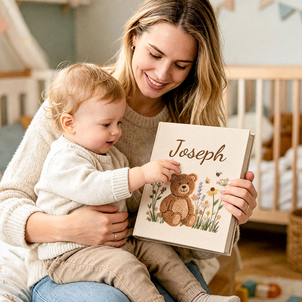 Embroidered Style Baby Photo Album with Teddy Bear – Personalized Linen Baby Memory Book, Newborn Keepsake Album detail
