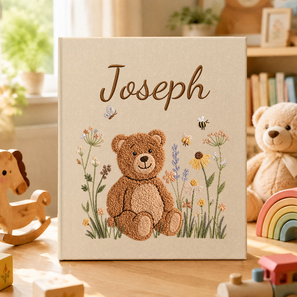 Embroidered Style Baby Photo Album with Teddy Bear – Personalized Linen Baby Memory Book, Newborn Keepsake Album