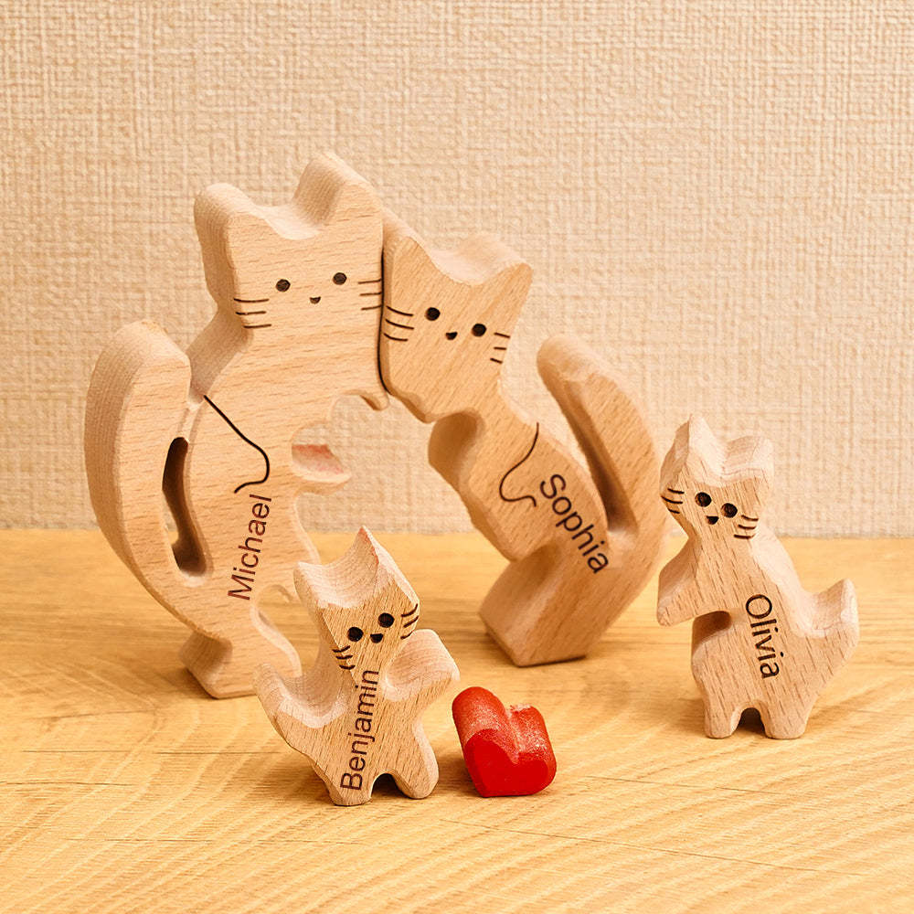 Wooden Cats Family Custom Names Puzzle Home Decor Gifts - soufeelus