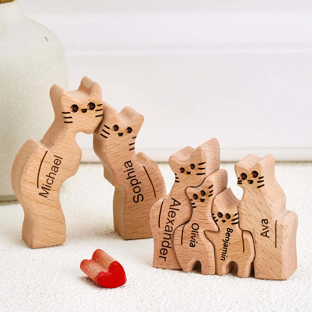 Wooden Cats Family Custom Names Puzzle Home Decor Gifts - soufeelus